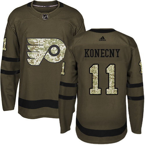 Adidas Flyers #11 Travis Konecny Green Salute to Service Stitched NHL Jersey - Click Image to Close